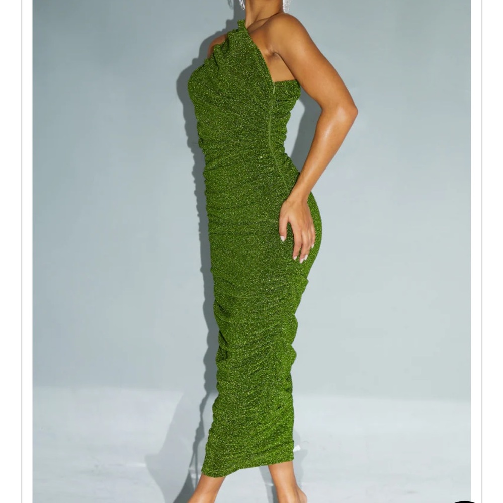 Green Glitter Ruched One Shoulder Midi Dress